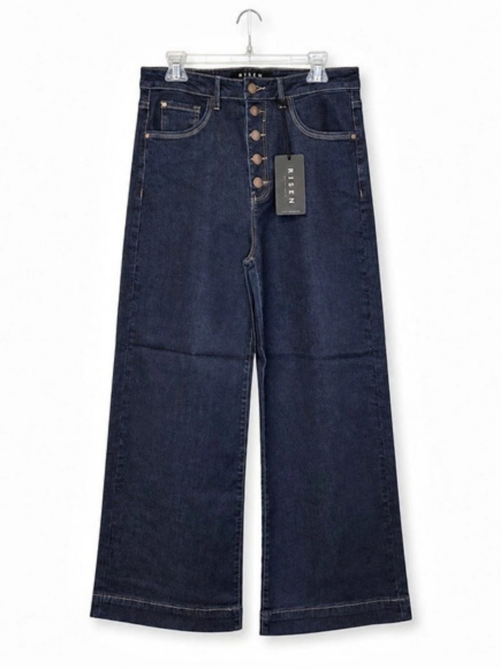 Risen High-Rise Exposed Button Wide Leg Jeans in Blue